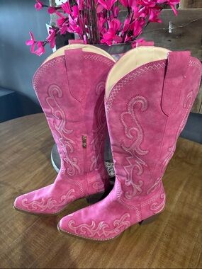 Pink Suede-like Embroidered Western Cowboy Boots